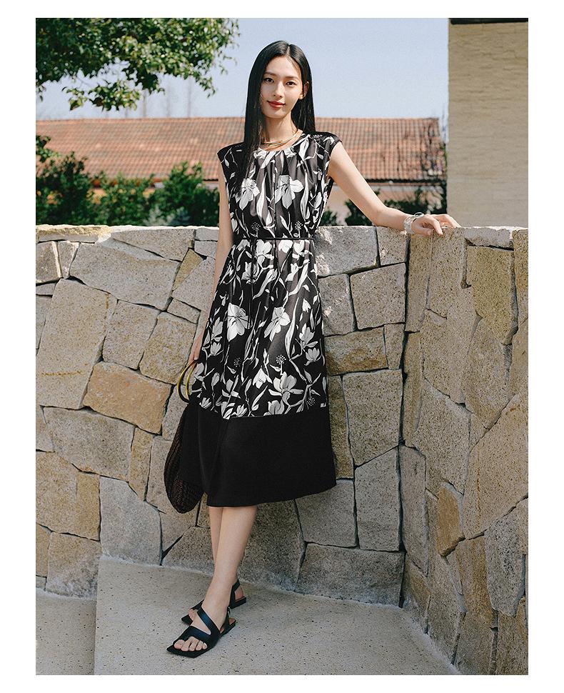 Jiuzi Anna Kou Elegant, Light, Mature, Artistic Flower Sleeveless Silk Waist Dress for Women 2025 Summer New Style