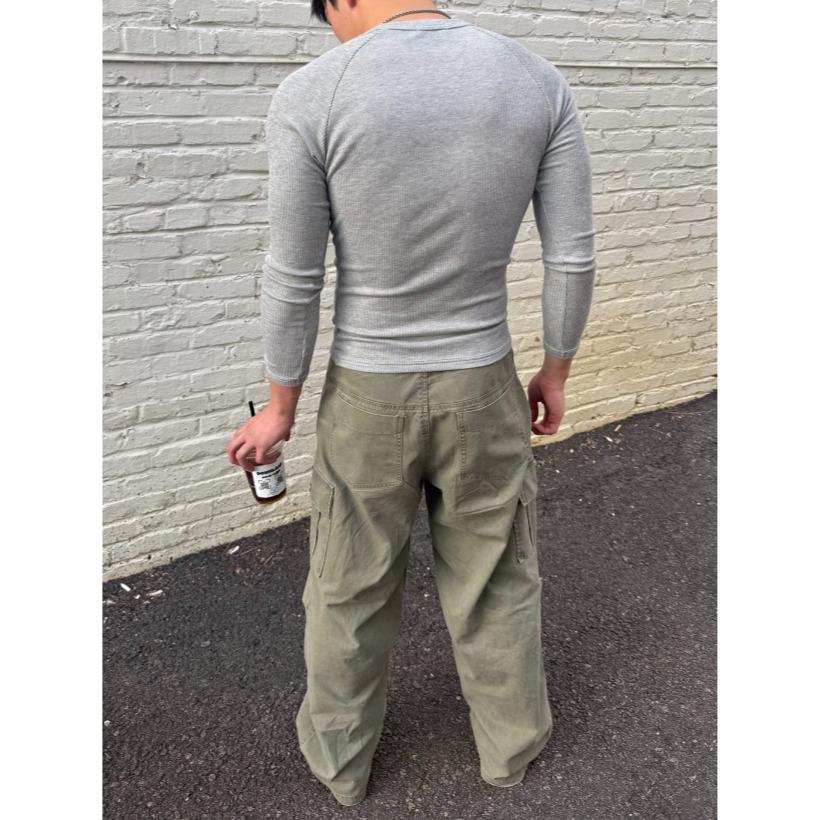 Men Muscle-Fit Ribbed Henley Shirt Slim Fit Black Gray Charcoal Ivory M L Casual