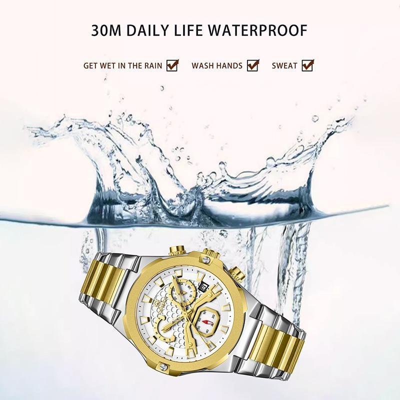 Mens Quartz Watch Waterproof Luminous Display Week/Date Stainless Steel Strap Casual Wristwatches