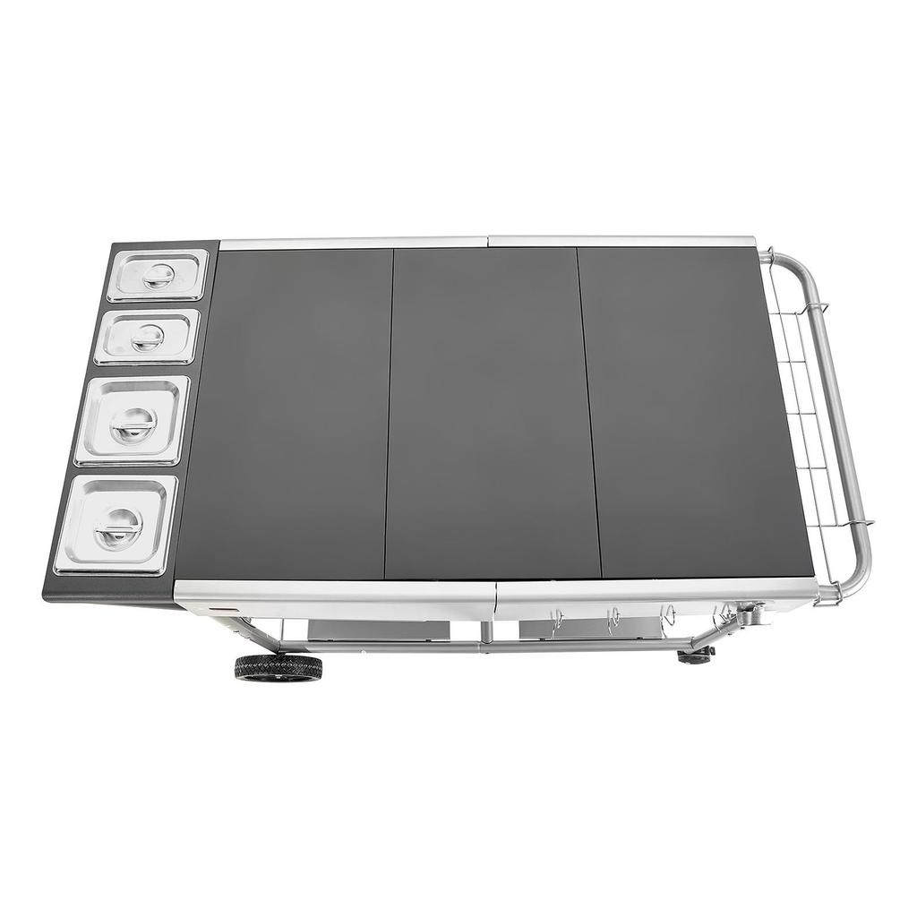 Outdoor Grill Cart, 925 x 595 x 25mm Tabletop Size Grilling Table, Movable Outdoor Cooking Table with 4 Spice Containers, Wheels, Lids, Hooks, BBQ