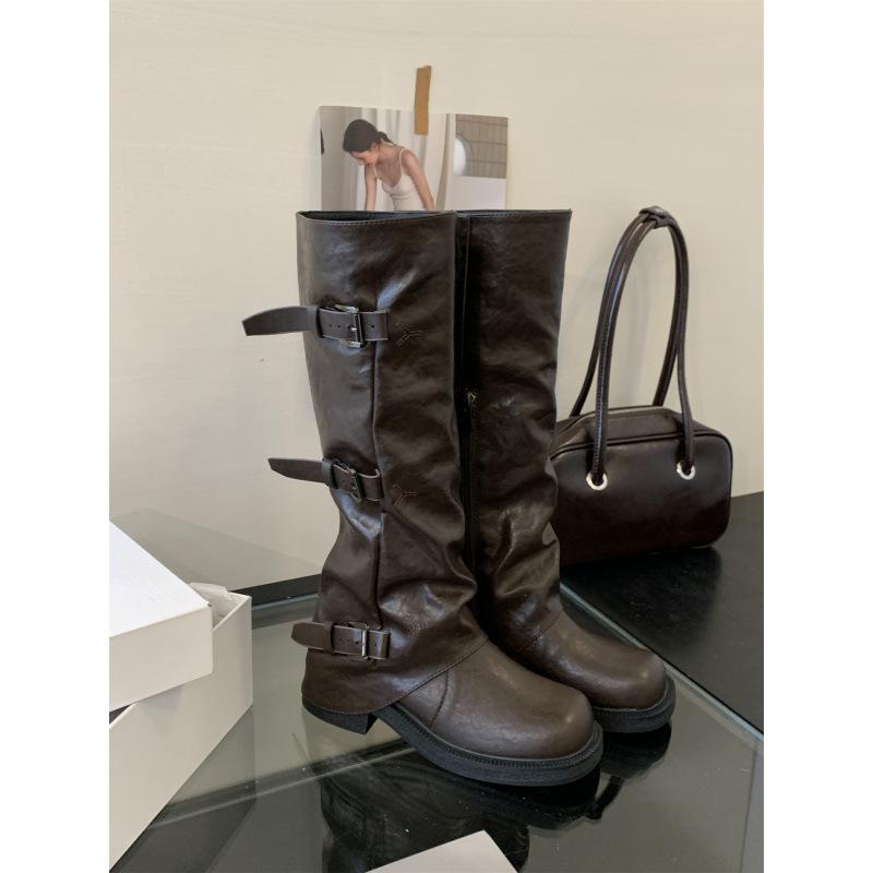 

женские сапоги-рыцари на толстой подошве кофейного цвета с длинным голенищем, обувь 2025, новые осенне-зимние сапоги для наслоения на брюки, сапоги со средним голенищем, тонкие длинные сапоги 39