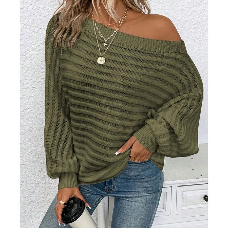 Autumn Winter New Solid Color 3D Ribbed Horizontal Stripe One-Shoulder Batwing Sleeve Pullover Knit Sweater for Women
