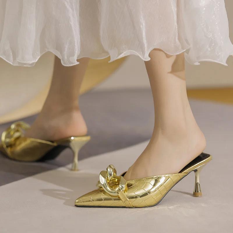 Fashion Baotou Half Slippers Women's Summer New Pointed Toe Fashion Half Support Women's Shoes Soft Pu Leather Thin Heel Slippers Mules