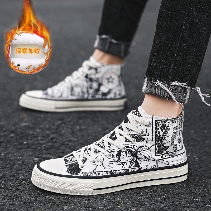 Spring and Autumn Trend Graffiti Cloth Shoes Student High Top Canvas Shoes Men's Breathable Casual Shoes Men's Teen Board Shoes Men