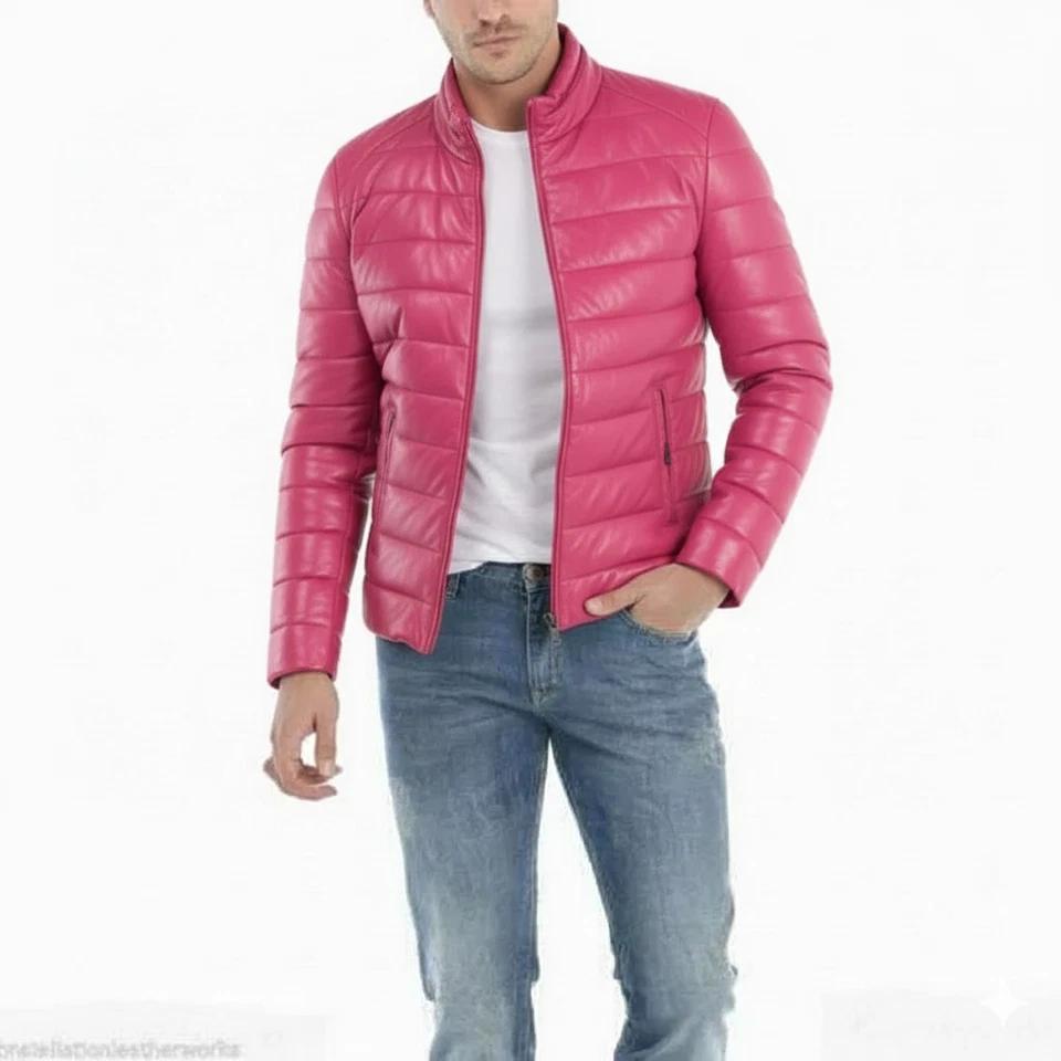 

Lambskin Biker Men s Puffer Jacket Real Pink Leather Motorcycle Stylish Casual Soft Handmade 3XL рожевий