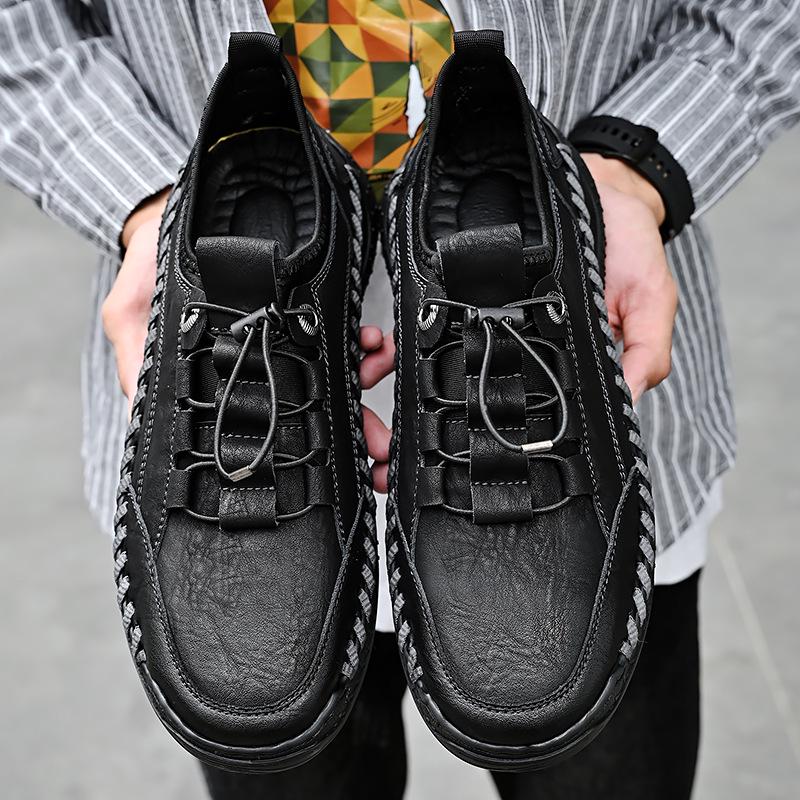 Men's Lazy Elastic Band Stitching Leather Shoes - Stylish Low-top Slip-On Sports Sneakers for Spring and Autumn.
