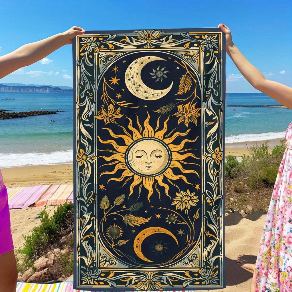 Boho Sun And Moon Print Beach Towel–Quick Dry,Sand Free,Absorbent,Pool,Travel,Yoga–Celestial Floral Pattern Bath Towel For Adult