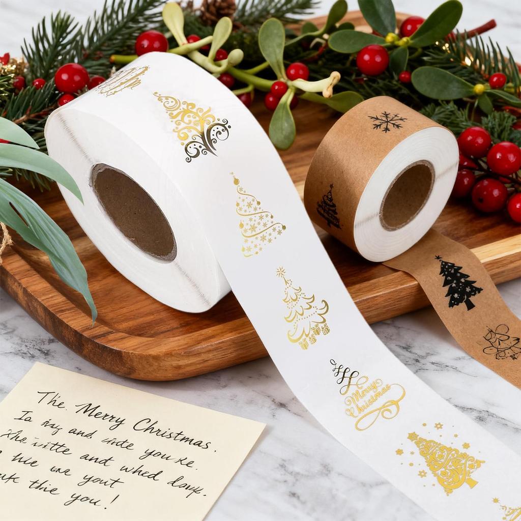 500 Sheet/roll 1inch Christmas Gift Card Label Sticker Clear Christmas Tree Sealing Sticker Adhesive Gold Foil Christmas Sticker