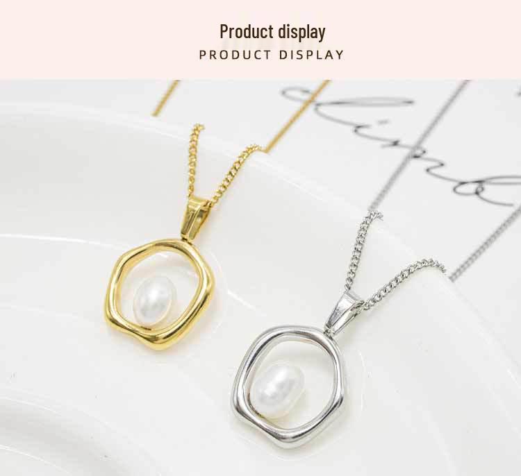 Fashionable Light Luxury Pearl Pendant Necklace with Irregular Circle Design and Durable Colorfast Titanium Steel Chain