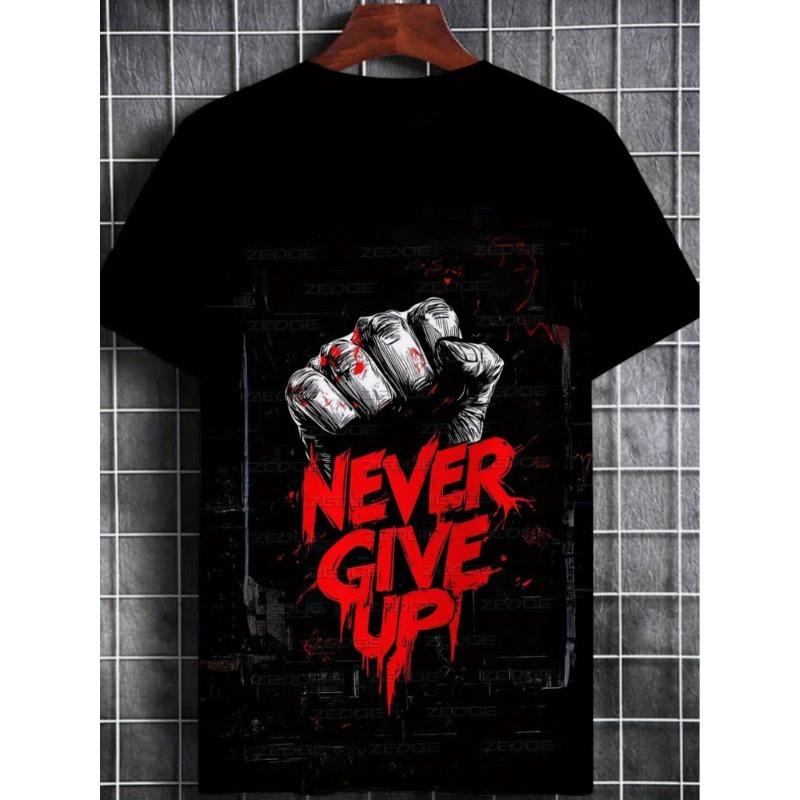 European sizes Men'S T-Shirt | Durable Black Crew Neck with "Never Give Up" Print, Lightweight and Comfortable for Gym and Casual Wear
