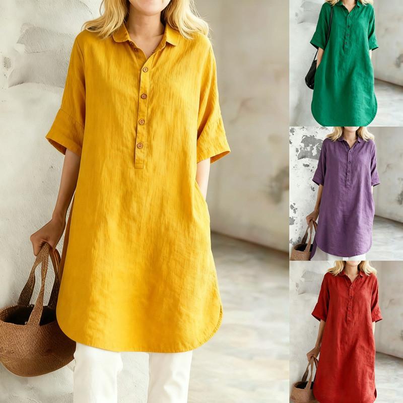 Cotton Linen Casual Dress With Pique Stitch For Summer Leisure Wear For Middleaged Women