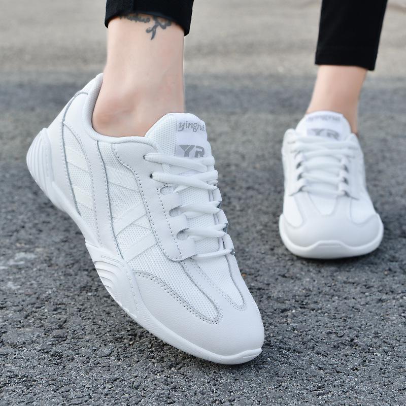Yingrui Women's White Leather Aerobic Cheerleading Shoes, Soft Sole Training and Competition Footwear
