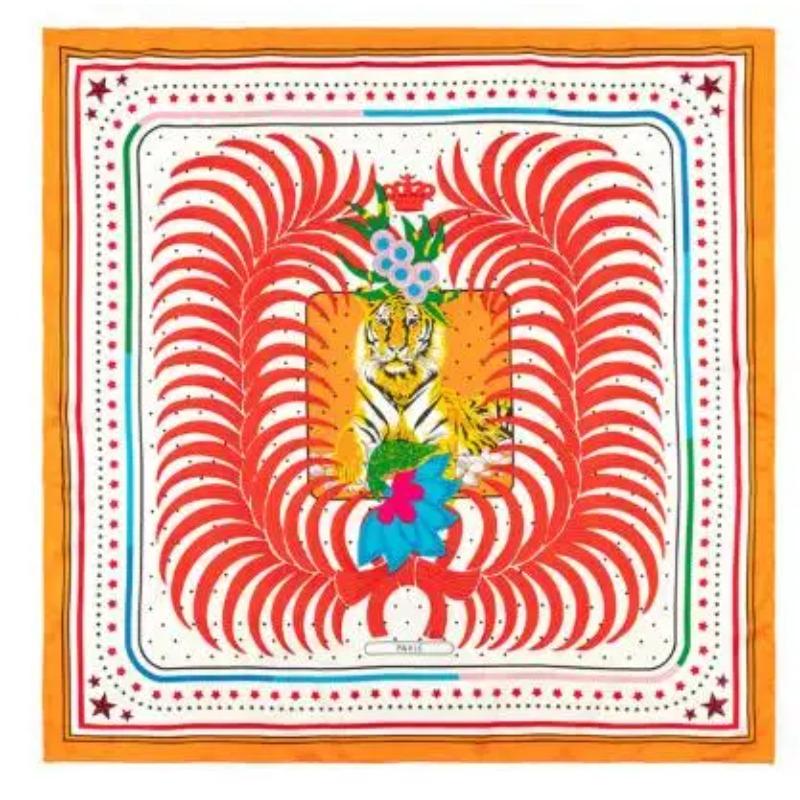 

90cm Manual Hand Rolled Twill Silk Scarf Women Lovely Forest Tiger Square Scarves Echarpes Foulards Femme Wrap Bandana Hijab 90X90CM