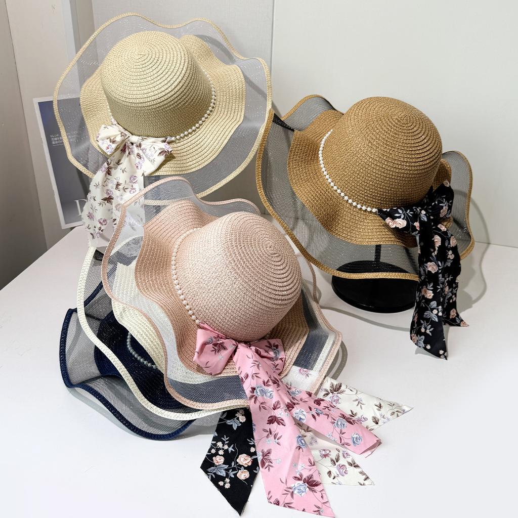 Summer New Straw Hat Floral Streamer Pearl Decoration Sun Hat Seaside Outing Big Eaves Sun Protection Hat