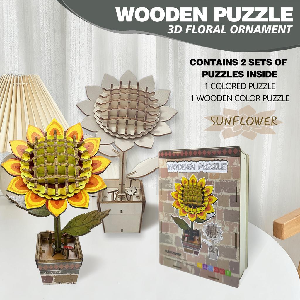 Wacocetoy Cross-Border Sunflower Puzzle 3D Wooden Diy Coloring Toy 2-In-1 Set Handmade Puzzle