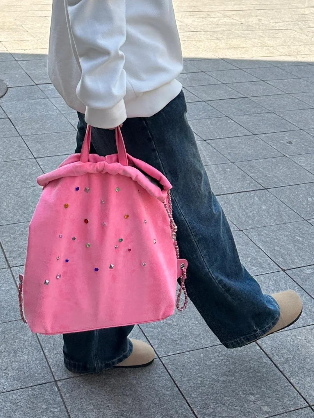 

2024 Цветная сумка-цепочка с драгоценными камнями, универсальный матовый флисовый рюкзак с завязками на шнурке, милый маленький рюкзак для девочек розовый