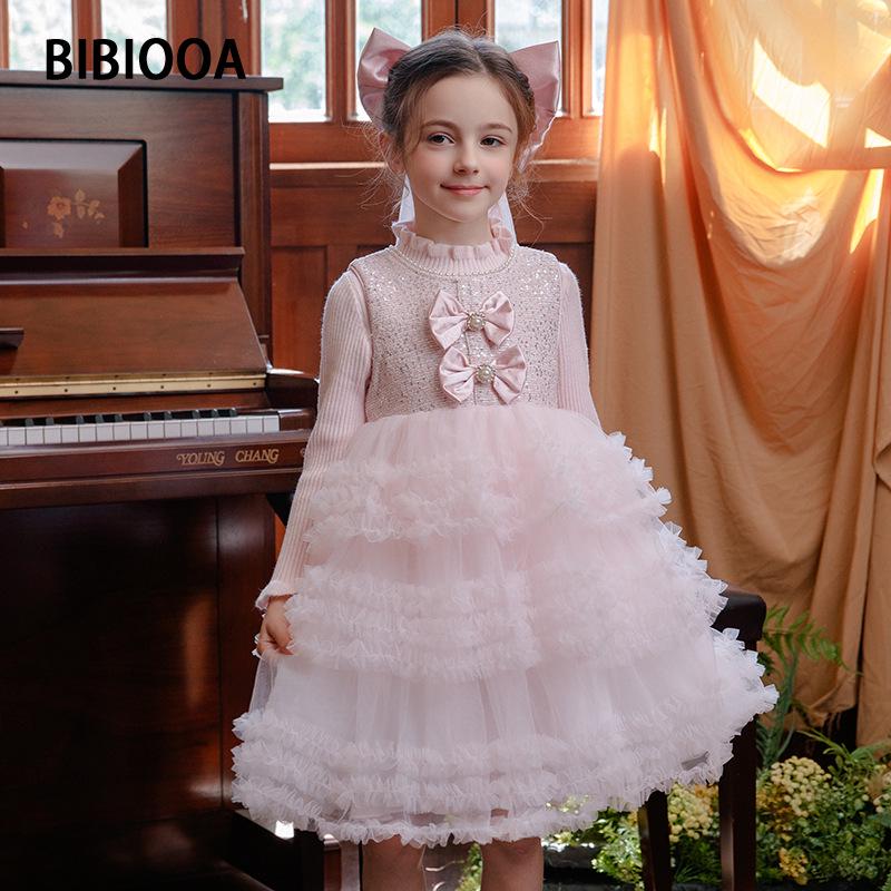 

BIBIOOA 2025 Осень Новое Платье Принцессы из Двух Частей с Длинным Рукавом для Детей 150 cm розовый