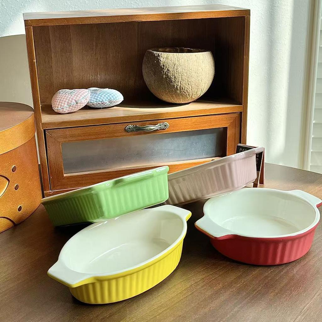 Creative Color Striped Binaural Baking Pan Household Ceramic Microwave Oven Baking Pan Cheese Baked Rice Pan