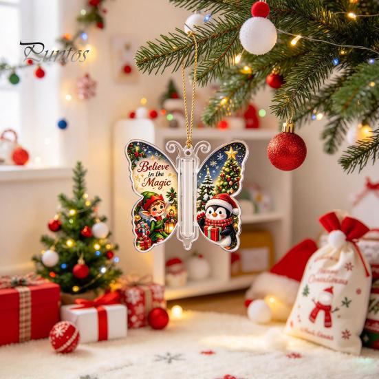 Christmas Keepsake for Money Cash Gift Ornament, 2D Acrylic Butterfly Holder Unique Family Ornament with Clear Compartment Trees, Windows, Doors