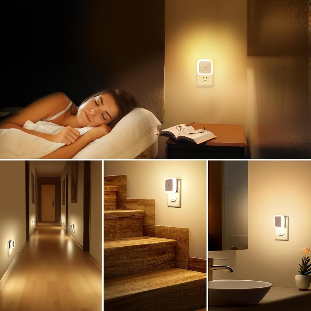 4pcs LED Plug-In Night Lights with Smart Sensor, Auto On/Off Nightlight for Bedroom, Kitchen, Stairs, Hallway & Bathroom