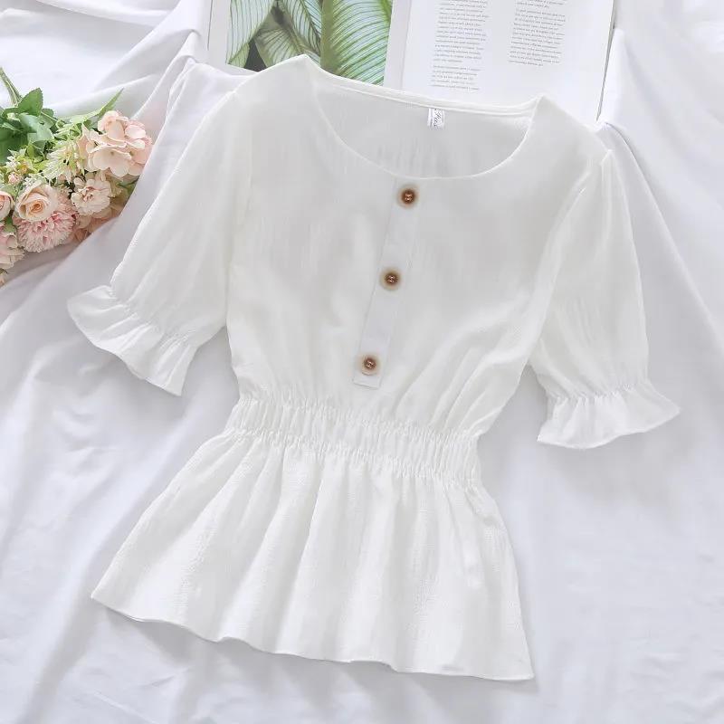 Summer Blouse Tunic Pleated Shirt All-match Solid Color Casual Blouse for Women