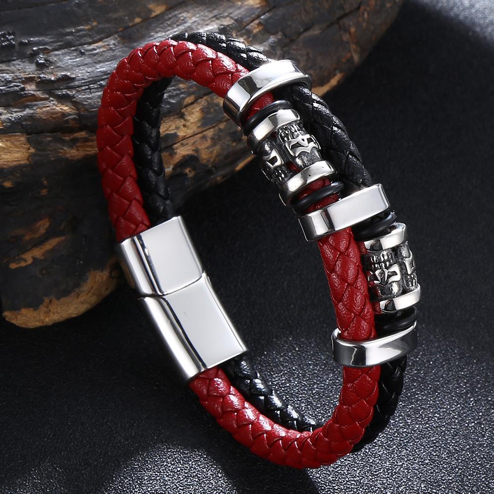 Vintage Skull Multilayer Genuine Leather Bracelet Men Stainless Steel Norse Runes Bangle Jewelry