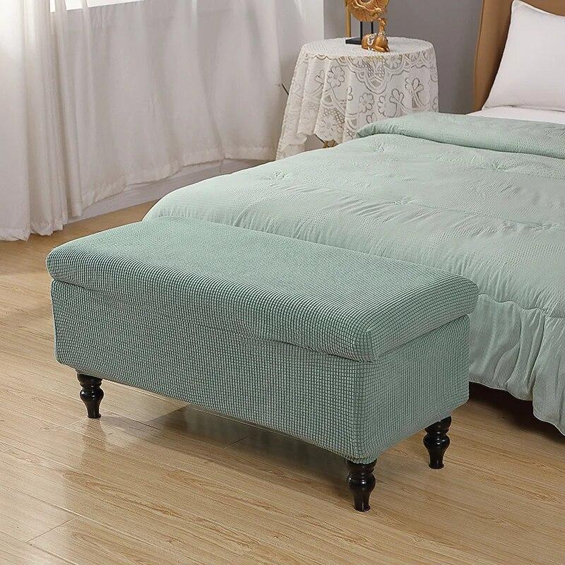 Solid Color Storage Ottoman Covers Rectangle Elastic Bedside Footstool Cover Non-Slip Polar Fleece Footrest Seat Bench Slipcover