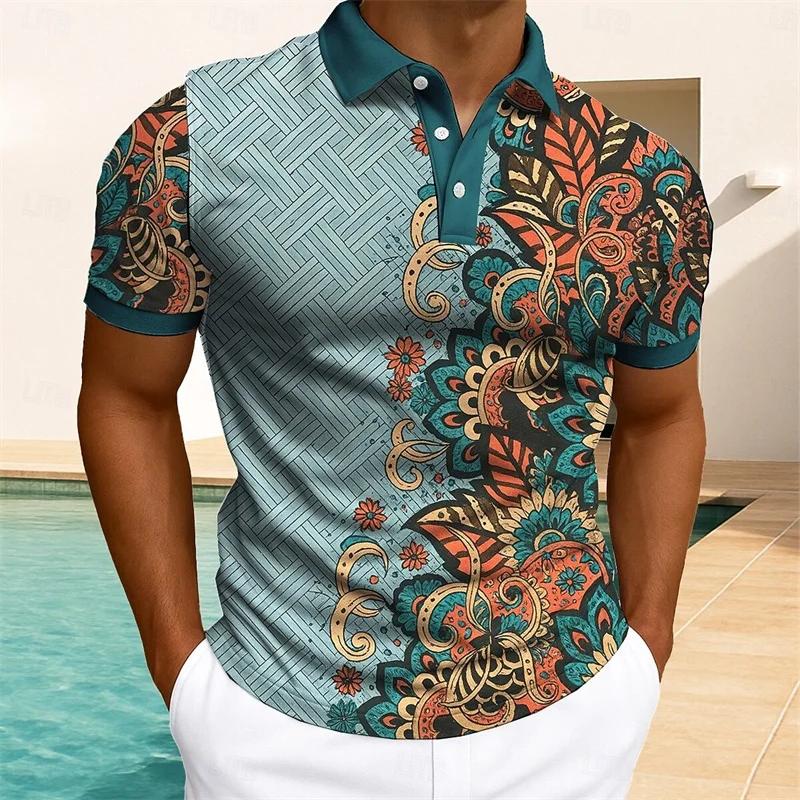 Men's Stylish Patterned Short-sleeve Polo Shirt, Casual Summer Wear