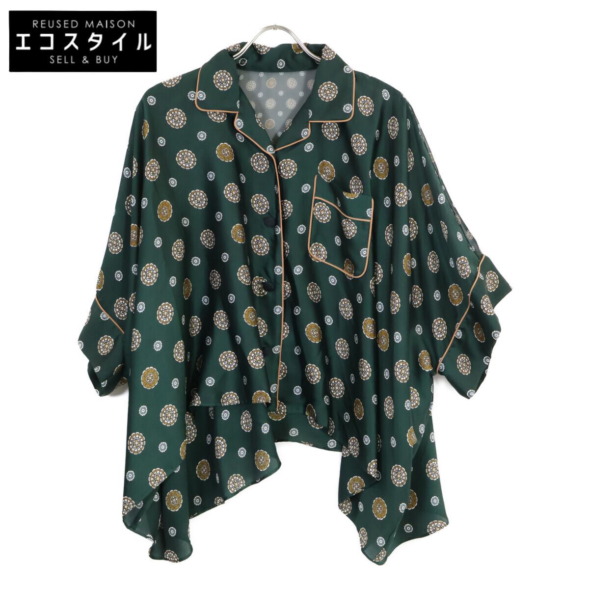 

sacai [Good Condition] 21-05583 Komon Print Back Sheer Short Sleeve Blouse/ tops 1 greenUsed