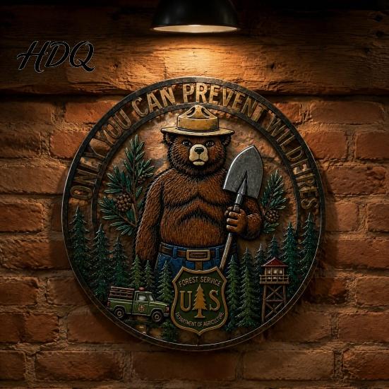Windowsill Wall Ornament Only You Can Prevent Wildfires Metal Sign Vintage Round Bear Durable Iron Sculpture Hanging Decor Funny Retro Tin Sign for