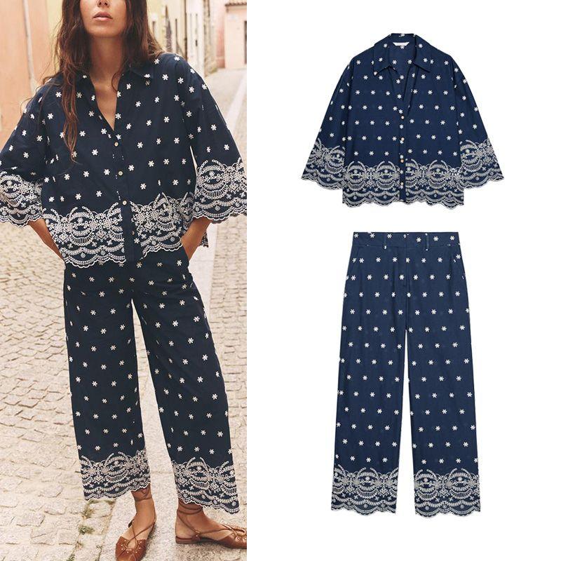 Embroidered High Waist Wide Leg Casual Trousers 3584837 Print Embroidered Trendy Casual Shirts 2435837