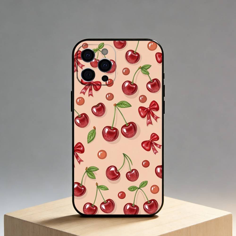 

Cheery Red Phone Case For iPhone17,16,15,14,13,12 Plus,Max Soft Silicone Black Cover iPhone14