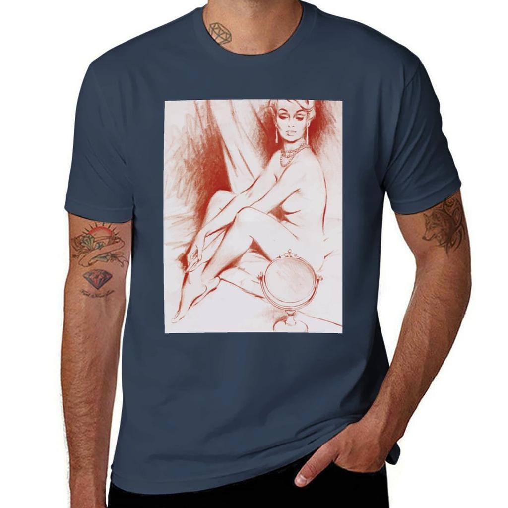 Sexy Pinup Sketch Of Lady Sitting Looking At A Mirror Tshirt Basic Comfort Fit For Men Tshirt