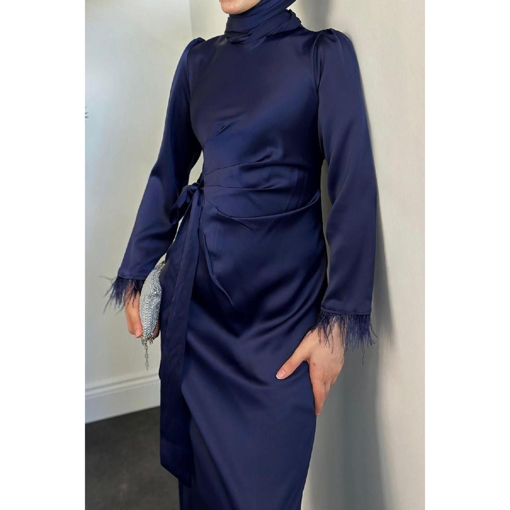 Satin Evening Dress With Sleeve Fringes, Oil Green