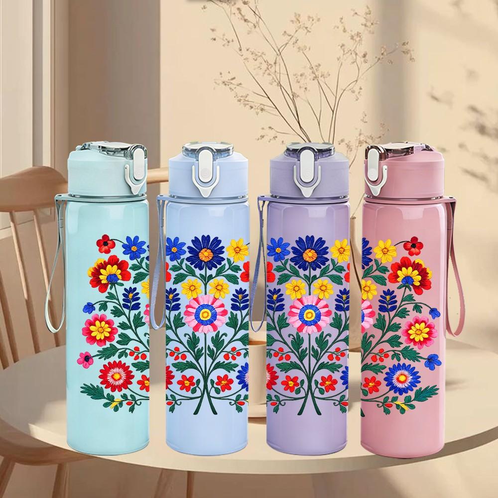 1PC Vibrant Folk Floral Bouquet Print 750ml Color Plastic Sports Water Bottle Leakproof Flip Straw Lid Suitable for Sports Office Home Use