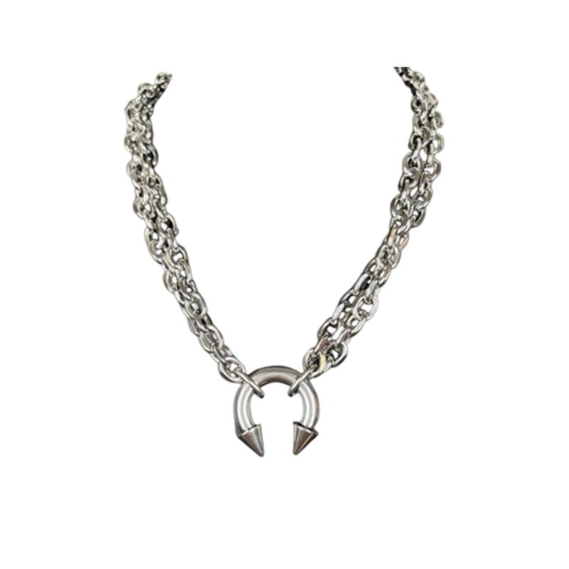Unique Spiked Horseshoe Pendant Necklace Industrial Style for Fashion Enthusiasts Stainless Steel Neckchain
