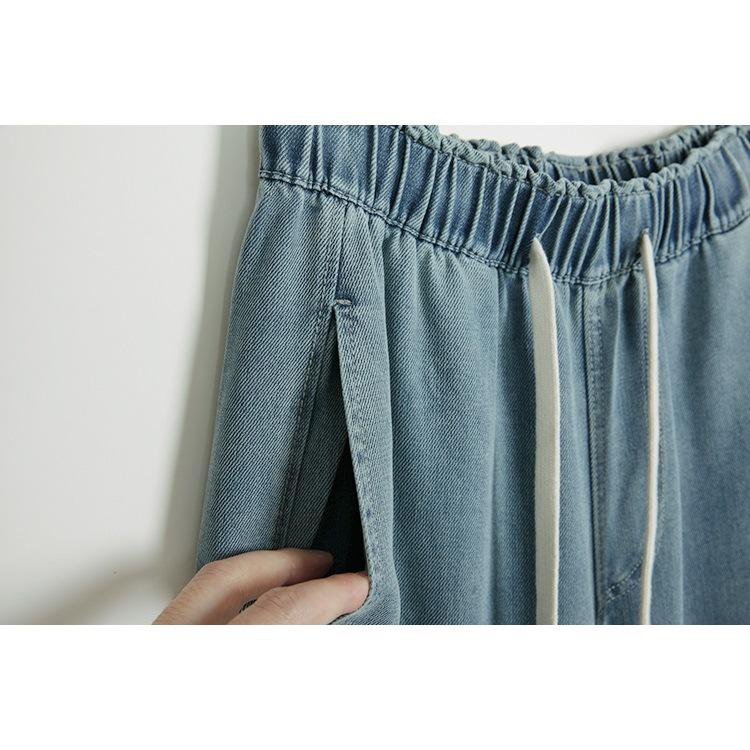 Lyocell 49.6% Super Soft Elastic Waist Denim Curved Leg Floor-Length Banana Pants - Spring Collection
