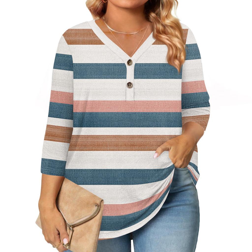 3/4 Length Sleeve Womens Tops Plus Size Button Down V Neck Shirts Blouses Casual Print Loose
