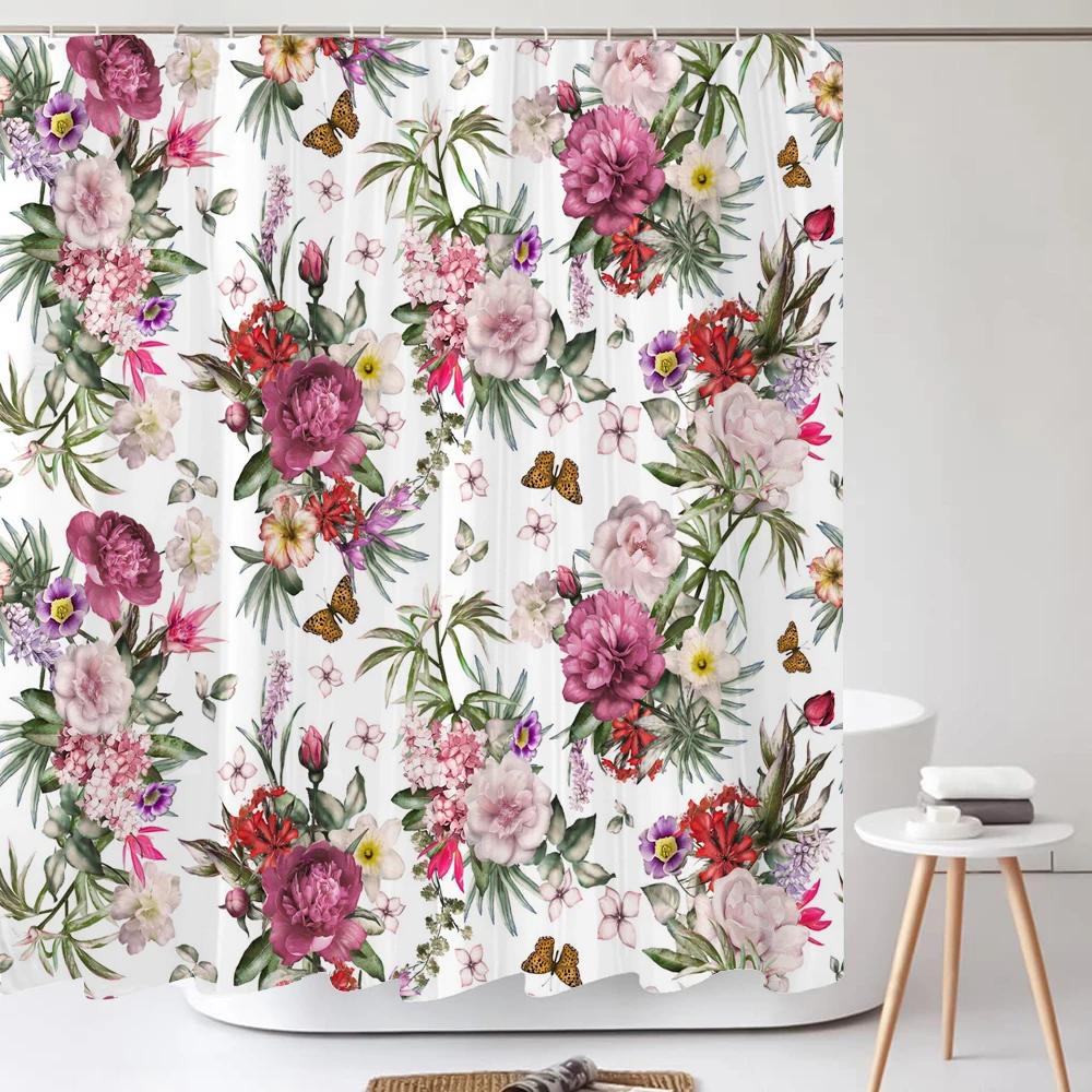 1 Pcs nordic beautiful flowers waterproof shower curtain, rose flower bathroom decoration curtain, with plastic hooks