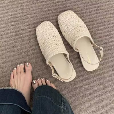 Französische Böhmische Einzelschuhe sanft gewebt Mädchen Tasche Kopf Sandalen Sommer Retro Fee Abend leer Hausschuhe