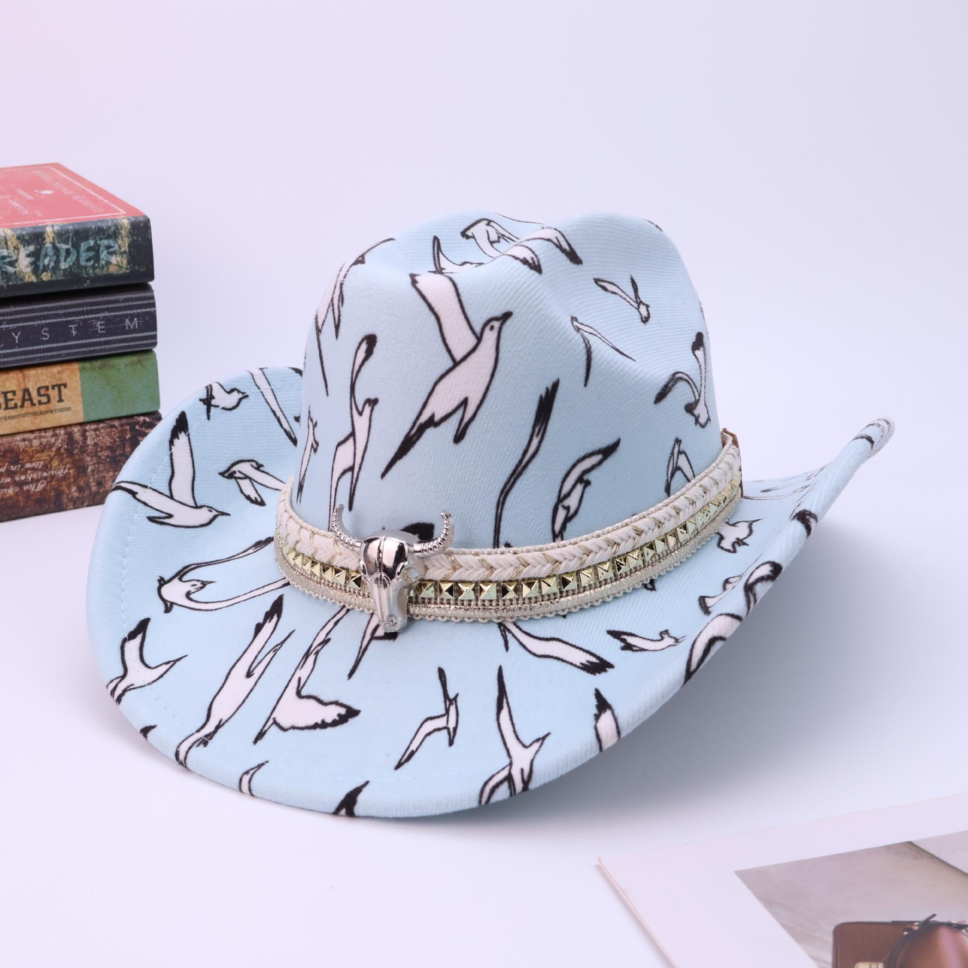 Западная ковбойская шляпа Сезонная цифровая печать Шерстяной цилиндр Широкие поля Джазовая шляпа M（56-58cm） светло-синий