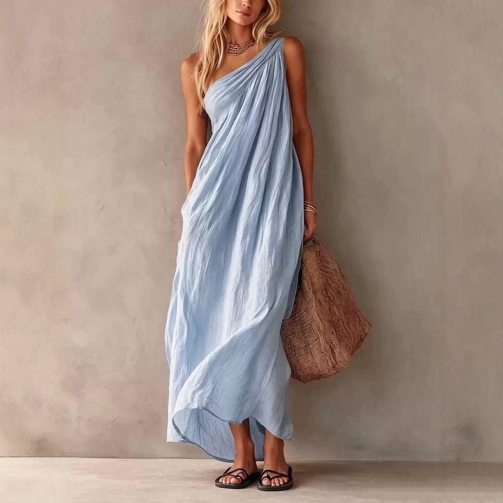 2026 Elegant One-Shoulder Sleeveless Long Dress for Women - Summer Fashion