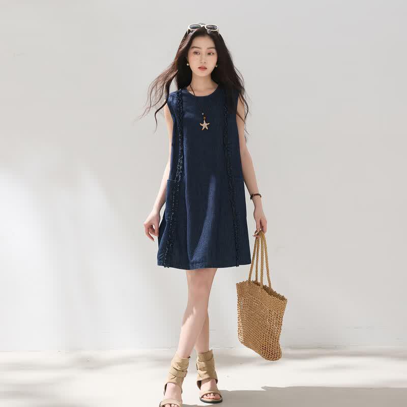 SanCai 2026 Summer 100% Cotton Denim Babydoll Dress