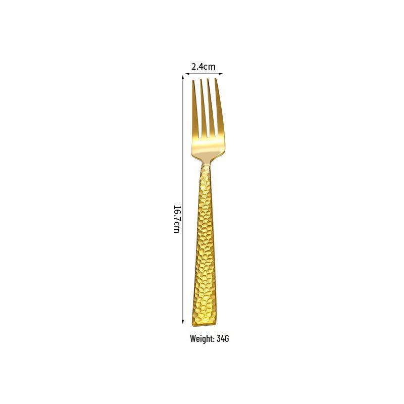 5-Piece Gold-Plated Hammered Stainless Steel Flatware Set - Includes Steak Fork, Knife, Spoon, and Square Handle Utensils.