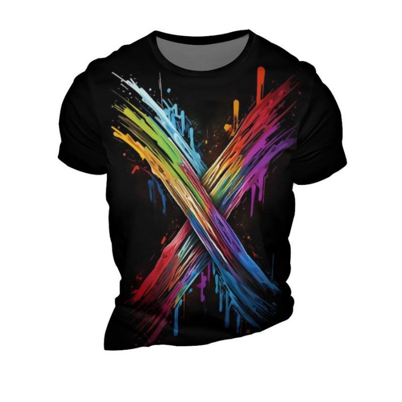 Men's Colorful Splash Paint 3D Printed T-Shirt Casual Short Sleeve Crewneck Top Cool Watercolor Cross Graphic Tee Trendy Hip Hop Streetwear Apparel