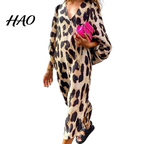 Leisure Dress V-Neck Lantern Sleeve Side Split Hem Women Leopard Print Loose Elegant Party Female Clothing Vacation L Leopard Print