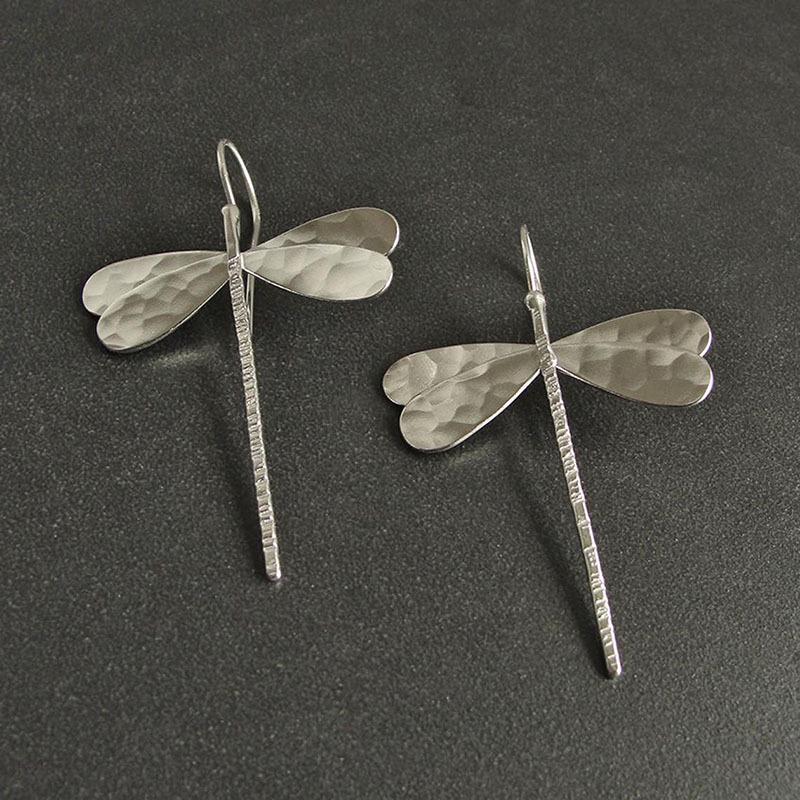 Gold Hammered Metal Dragonfly Dangle Earrings for Women - Minimalist Insect Accessories