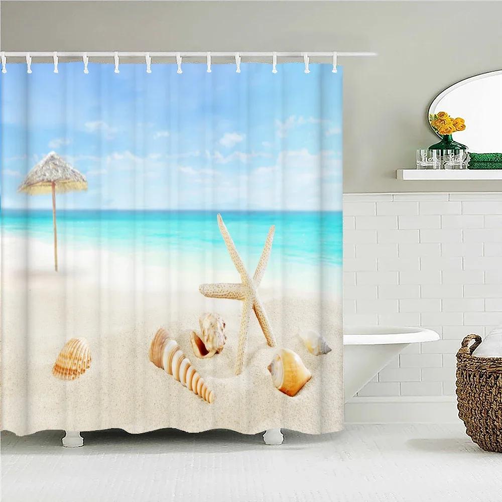Sunny Beach Seaside Scenery 3D Printing Shower Curtain Large Size Waterproof Polyester Home Decor Curtain With Hooks