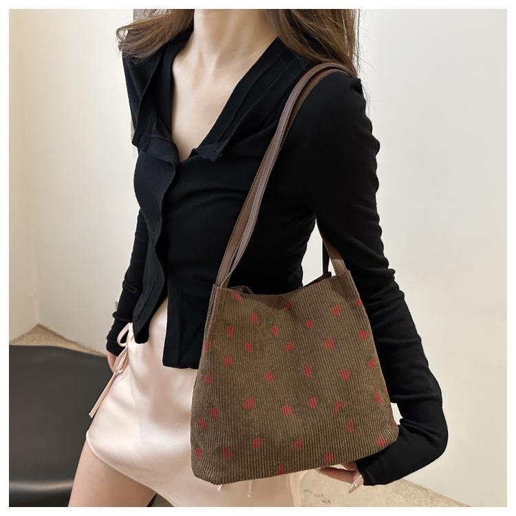 Lovely Strawberry Women's Shoulder Bag Large Capacity Female Corduroy Shopping Bags Travel Female Underarm Tote Handbags