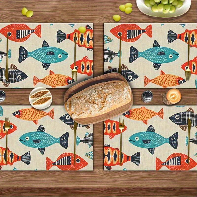 4pcs Linen Placemats Set, Colorful Fish Design Tablecloth 12x18 Inches, Perfect for Kitchen & Dining Room Decor, Family Gatherings, Parties, and Home
